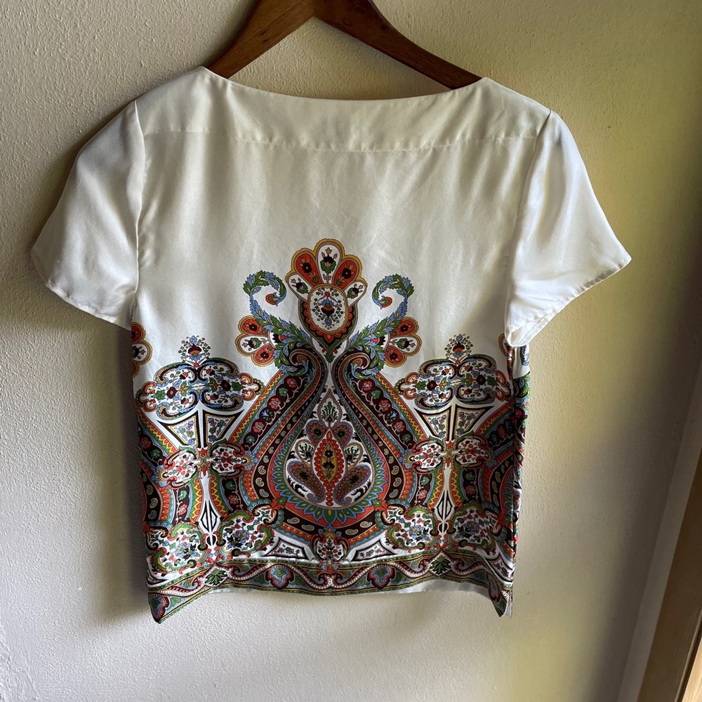 Talbot's Silk Paisley Patterned Blouse. Cap Sleeves, Side Zip. Cream, Green. 2P - Picture 4 of 11